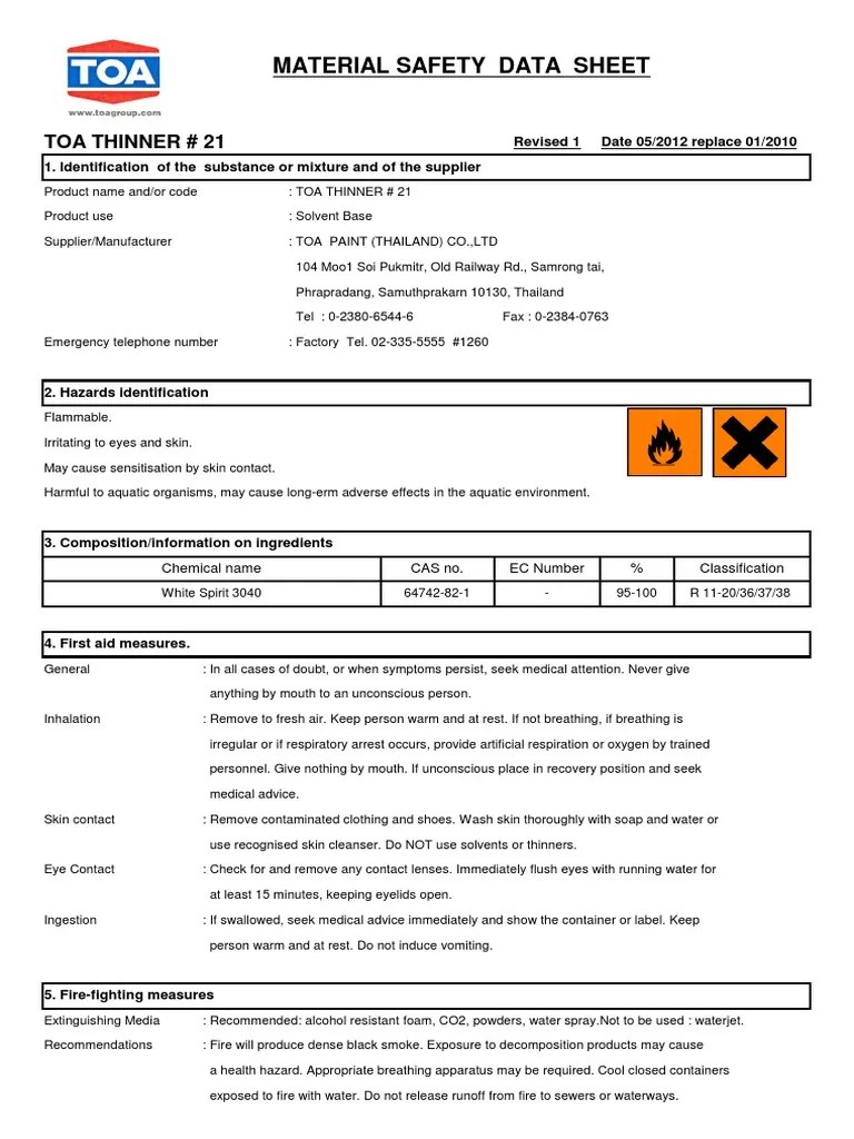 Material Safety Data Sheet Toa Thinner 21 PDF Dangerous Goods