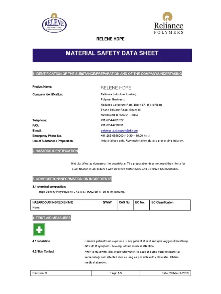 Safety Data Sheet for Relene High Density Polyethylene Provides
