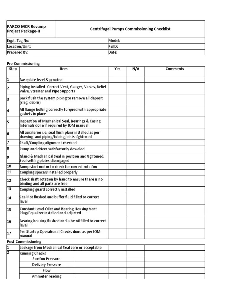 Centrifugal Pumps Commissioning Checklist Parco MCR Revamp Project
