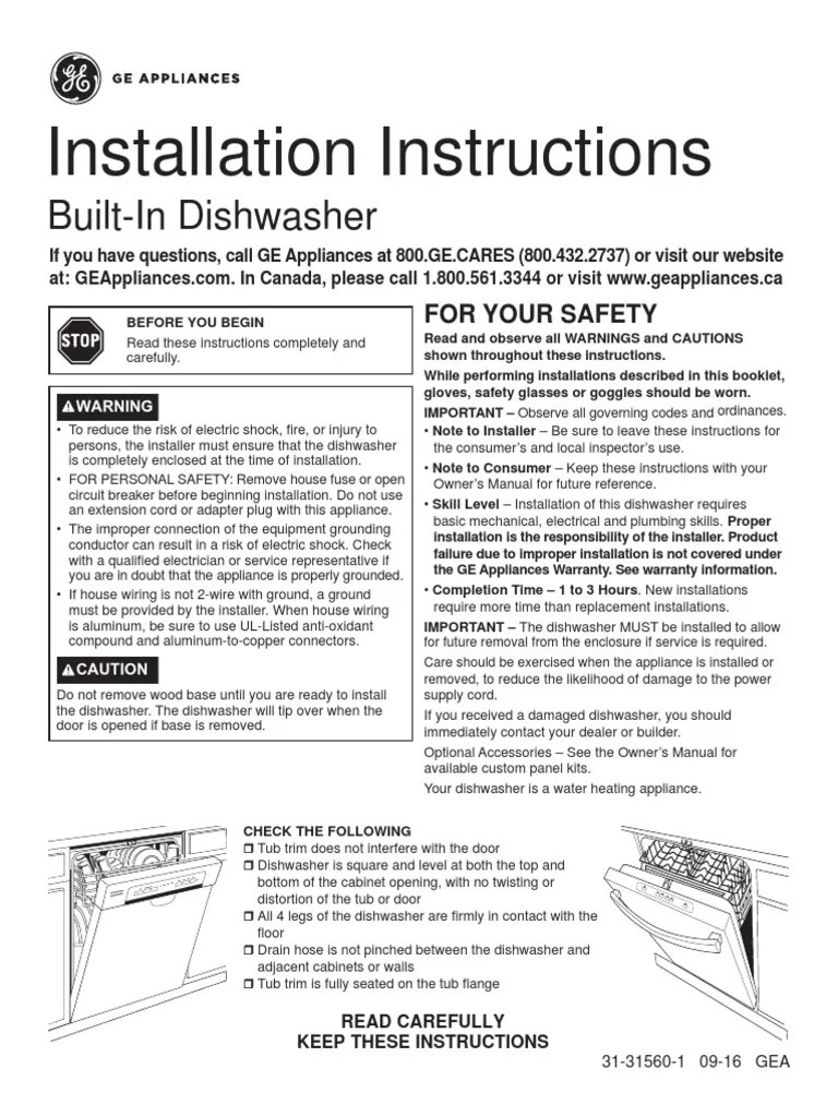 Installation Manual Dishwasher Ge Adora DDT595 PDF Ac Power Plugs