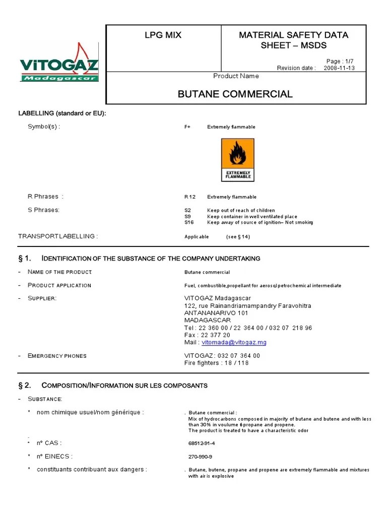 Butane Commercial LPG Mix Material Safety Data Sheet Msds PDF Liquefied Petroleum Gas Fires