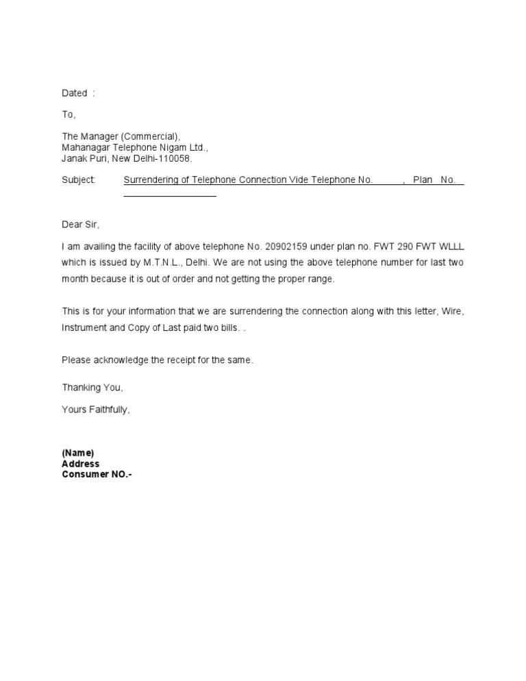 Application for Telephone Surrender