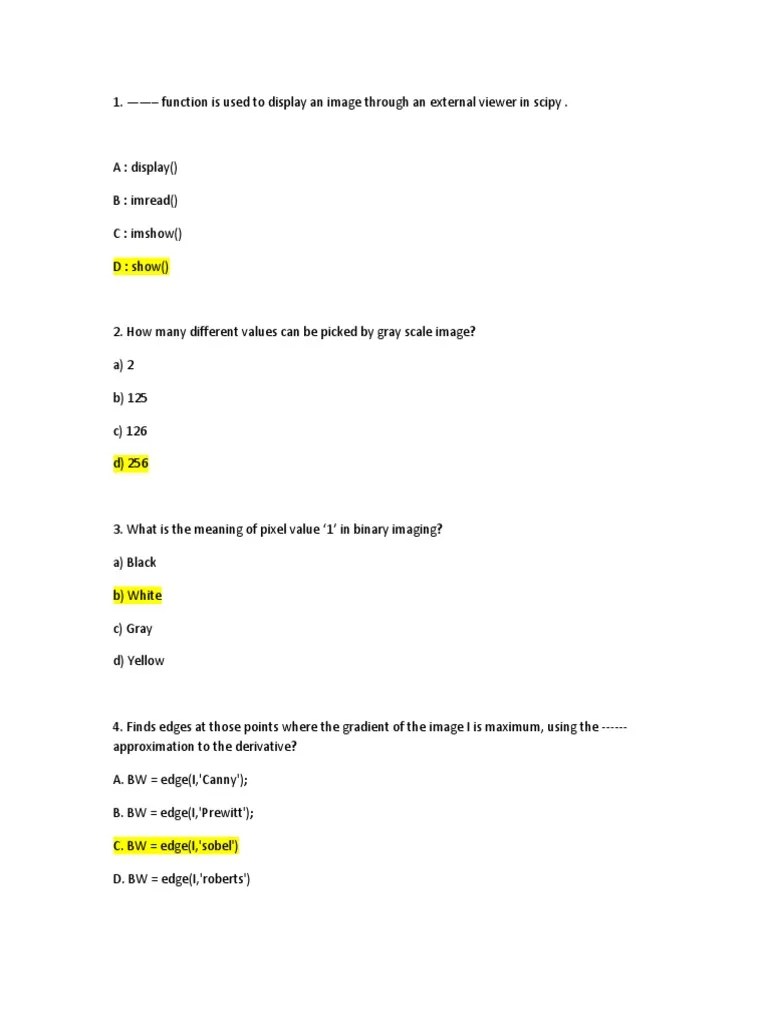MCQ Matlab Image Processing PDF