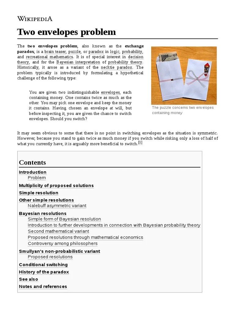 Two Envelopes Problem PDF Probability Theory Logic