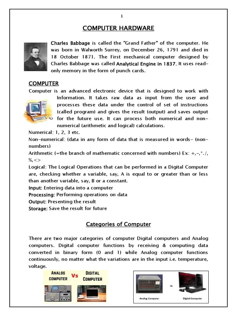 Computer Hardware Note PDF Central Processing Unit Personal Computers