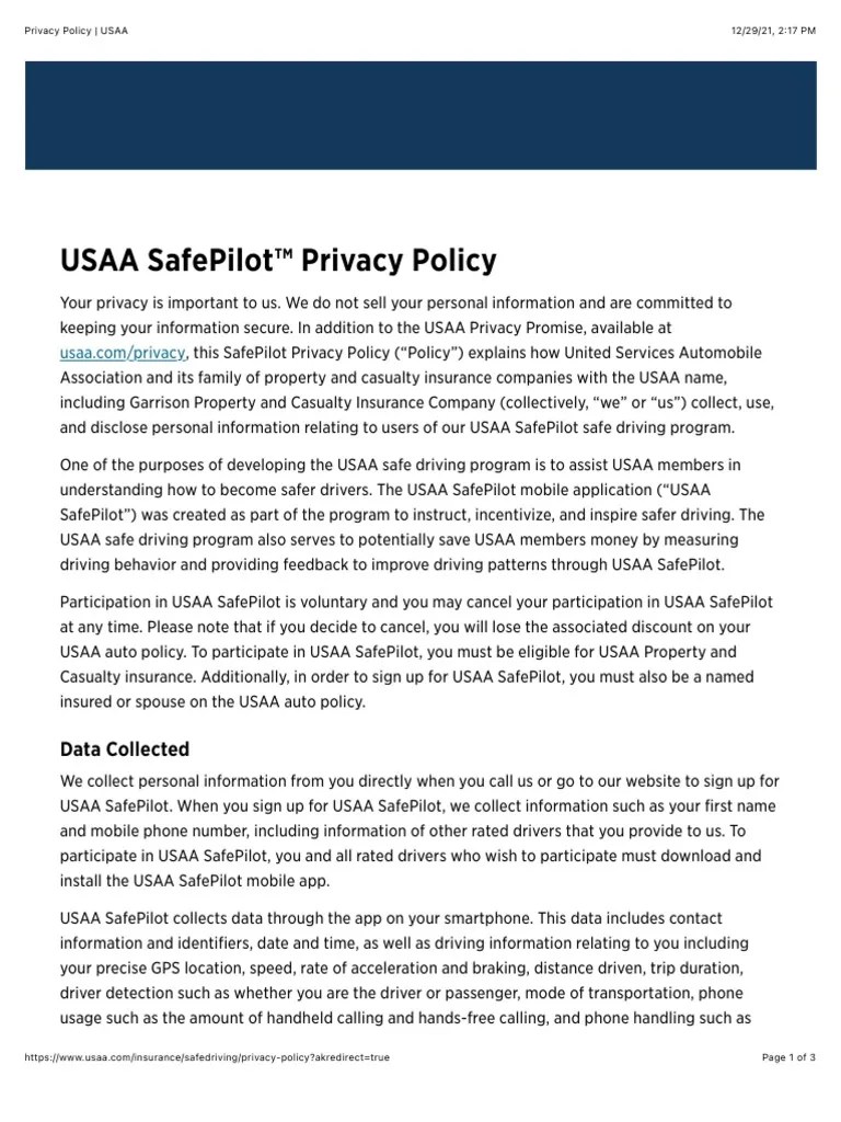 Usaa Safepilot™ Privacy Policy Data Collected Download Free PDF Privacy Smartphone