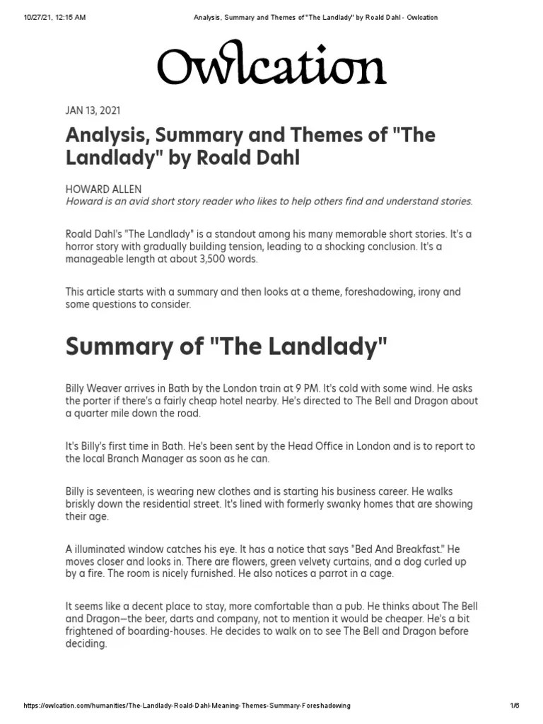 Analysis, Summary and Themes of The Landlady by Roald Dahl