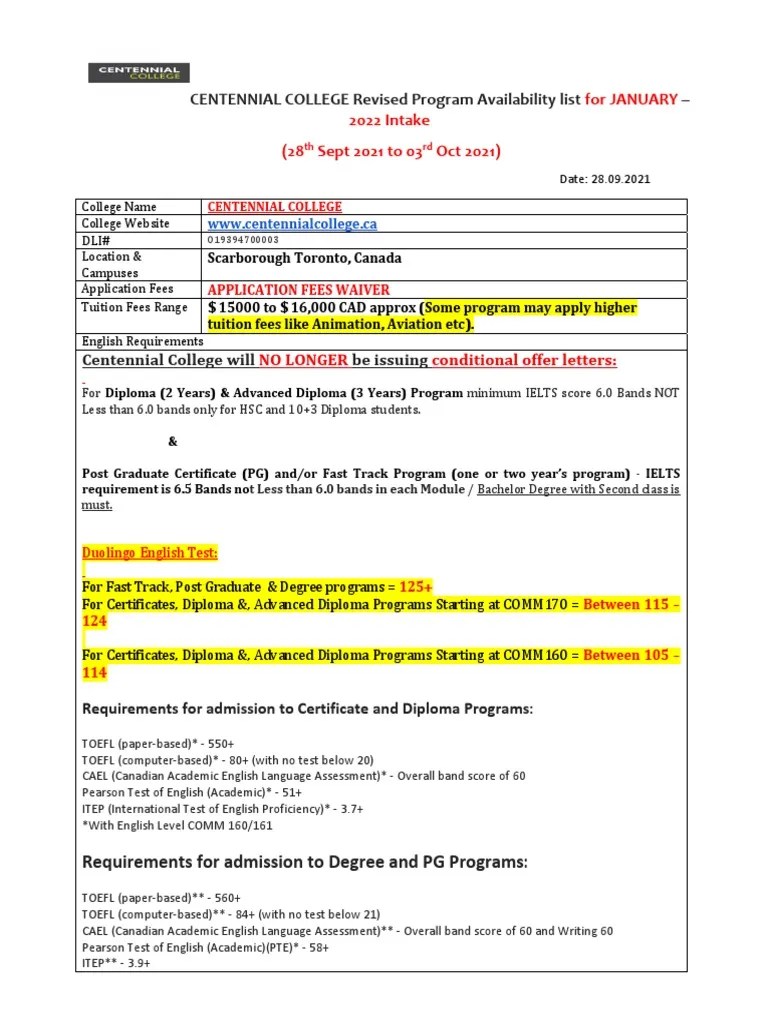 CENTENNIAL COLLEGE Program Availability List For JAN 2022 Intake 28.09