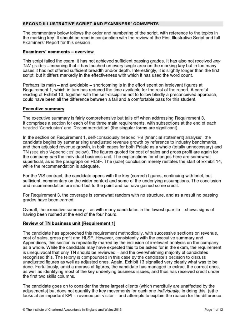 Case Study July 2013 Illustrative Script 2 ICAEW PDF Risk Revenue