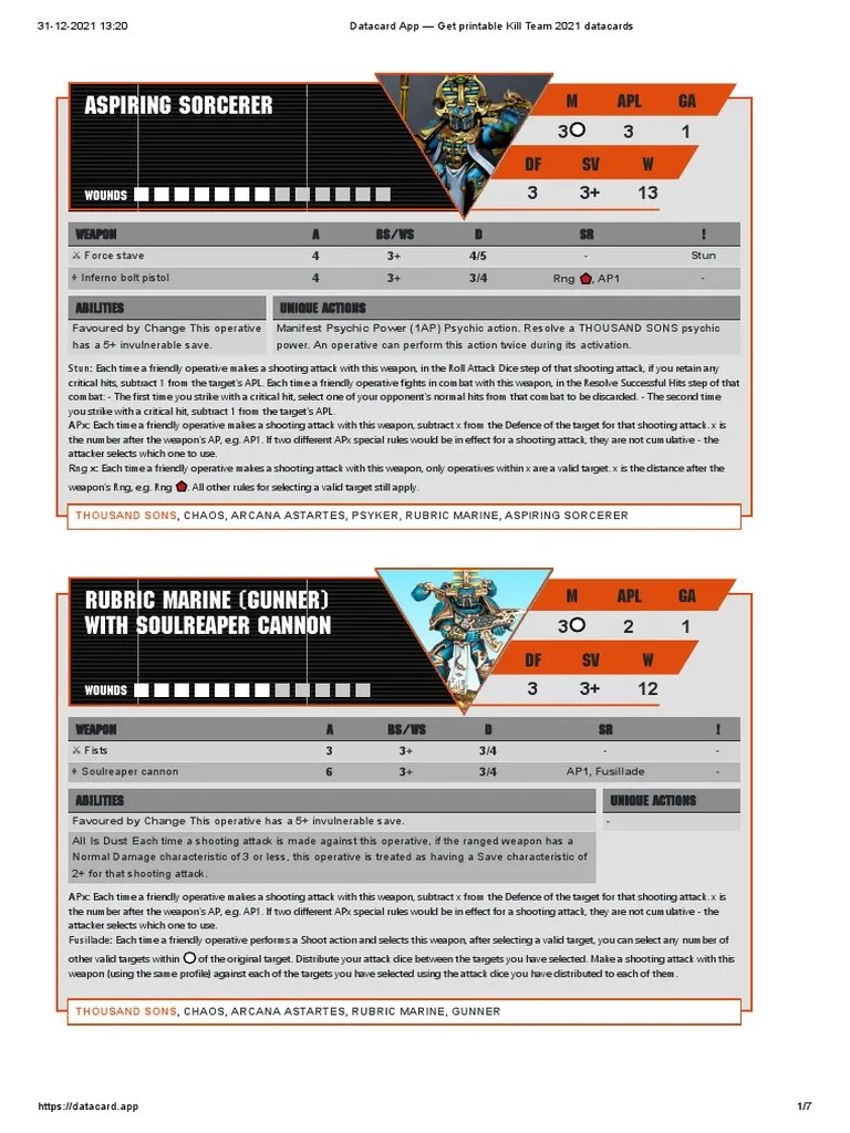 Datacard App Get Printable Kill Team 2021 Datacards PDF Military