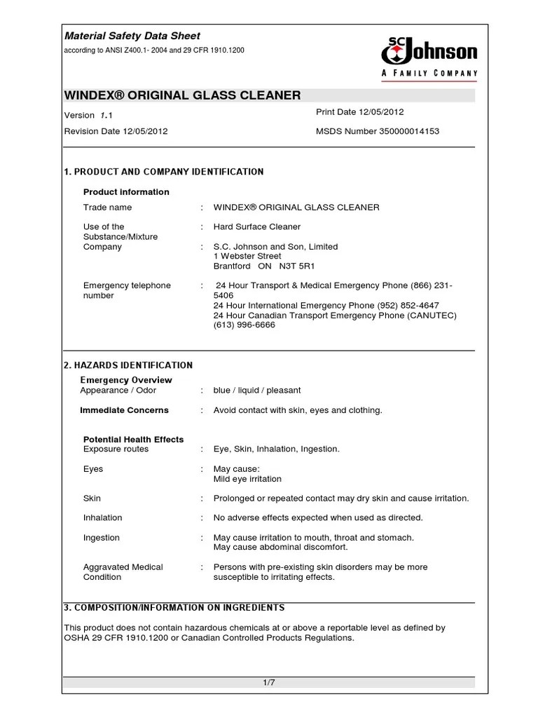 Windex® Original Glass Cleaner Material Safety Data Sheet PDF