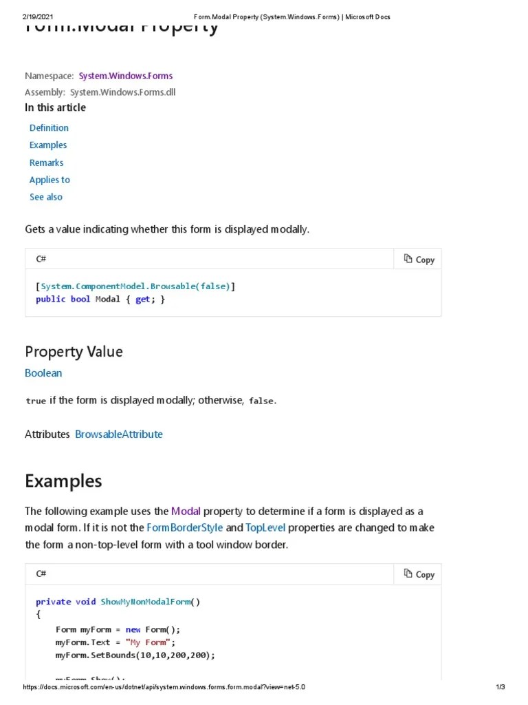 Form Modal Property (System Windows.Forms) Microsoft Docs PDF