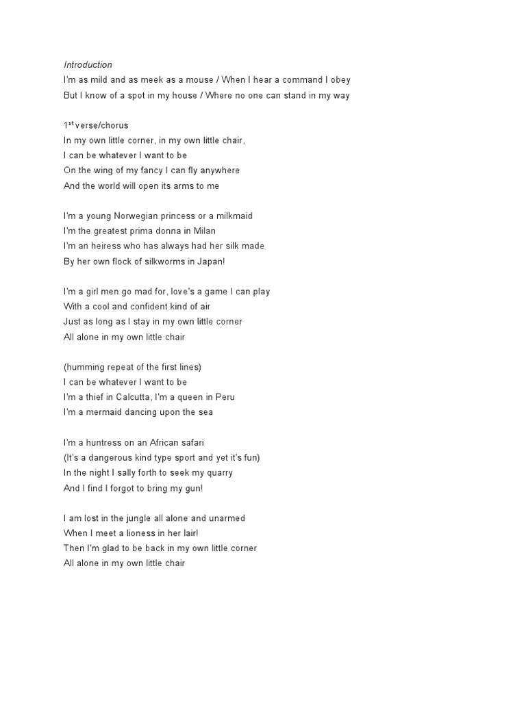 In My Own Little Corner Lyrics PDF