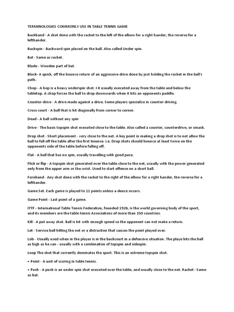 Terminologies Commonly Use in Table Tennis Game PDF Table Tennis