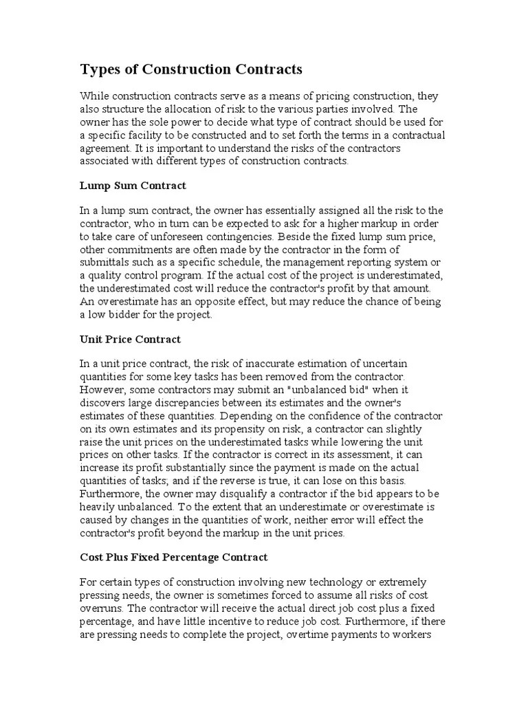 Types of Construction Contracts PDF Business Law Economies