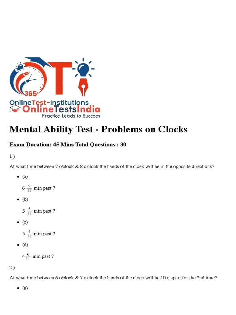 Mental Ability Test Problems On Clocks Exam Duration 45 Mins Total