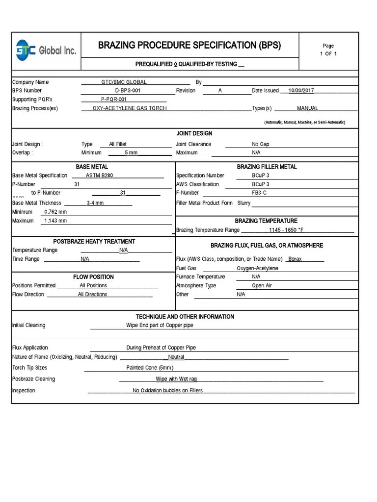 Brazing Procedure Specification (BPS) PDF Pipe (Fluid Conveyance