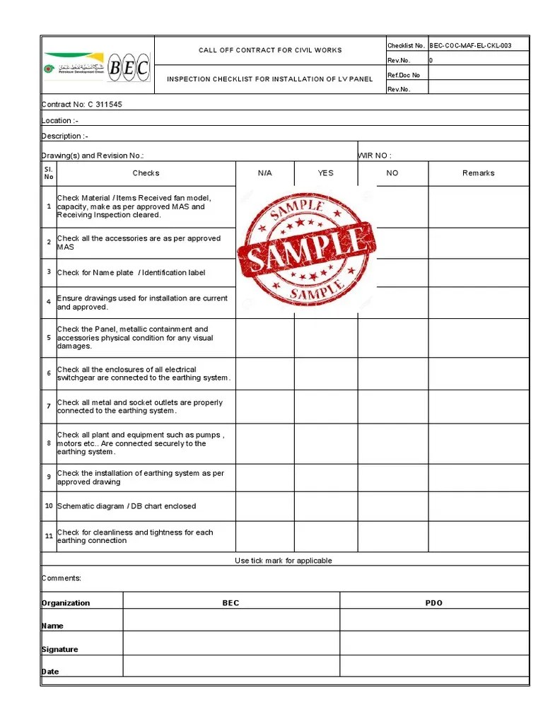 LV Panel Checklist PDF