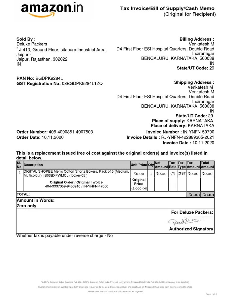 Amazon Bill PDF Invoice Value Added Tax