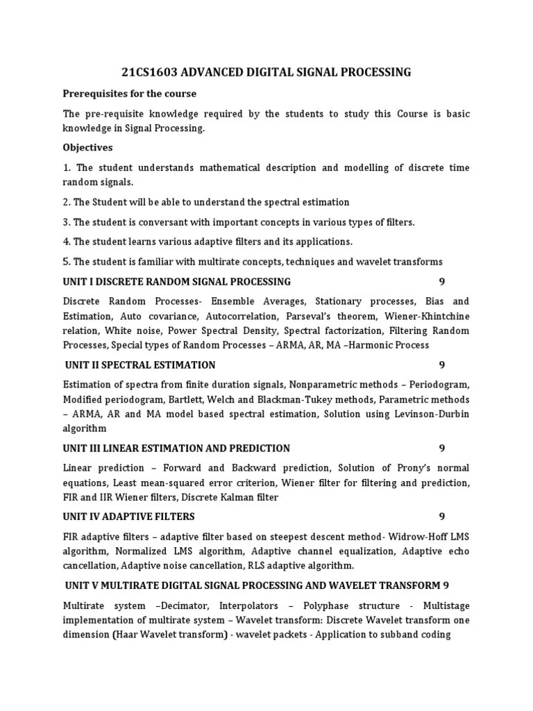 Syllabus21CS1603Advanced Digital Signal Processing PDF Spectral