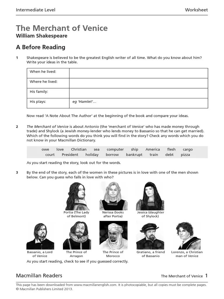 The Merchant of Venice Worksheet | PDF | The Merchant Of Venice