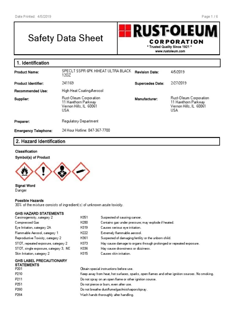 Safety Data Sheet for RustOleum High Heat Coating/Aerosol Ultra Black