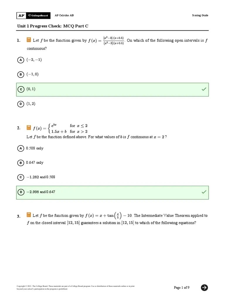 AB SG Unit 1 Progress Check MCQ Part C PDF Function (Mathematics