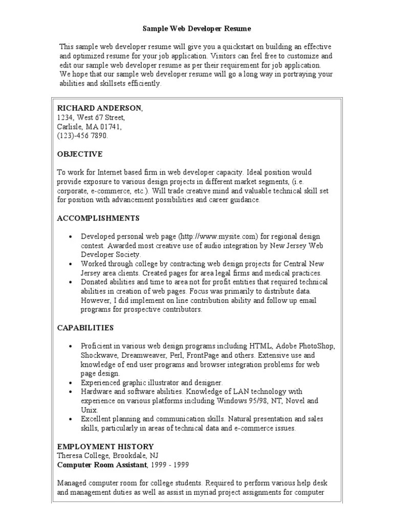 Sample Web Developer Resume Graphic Design Web Design