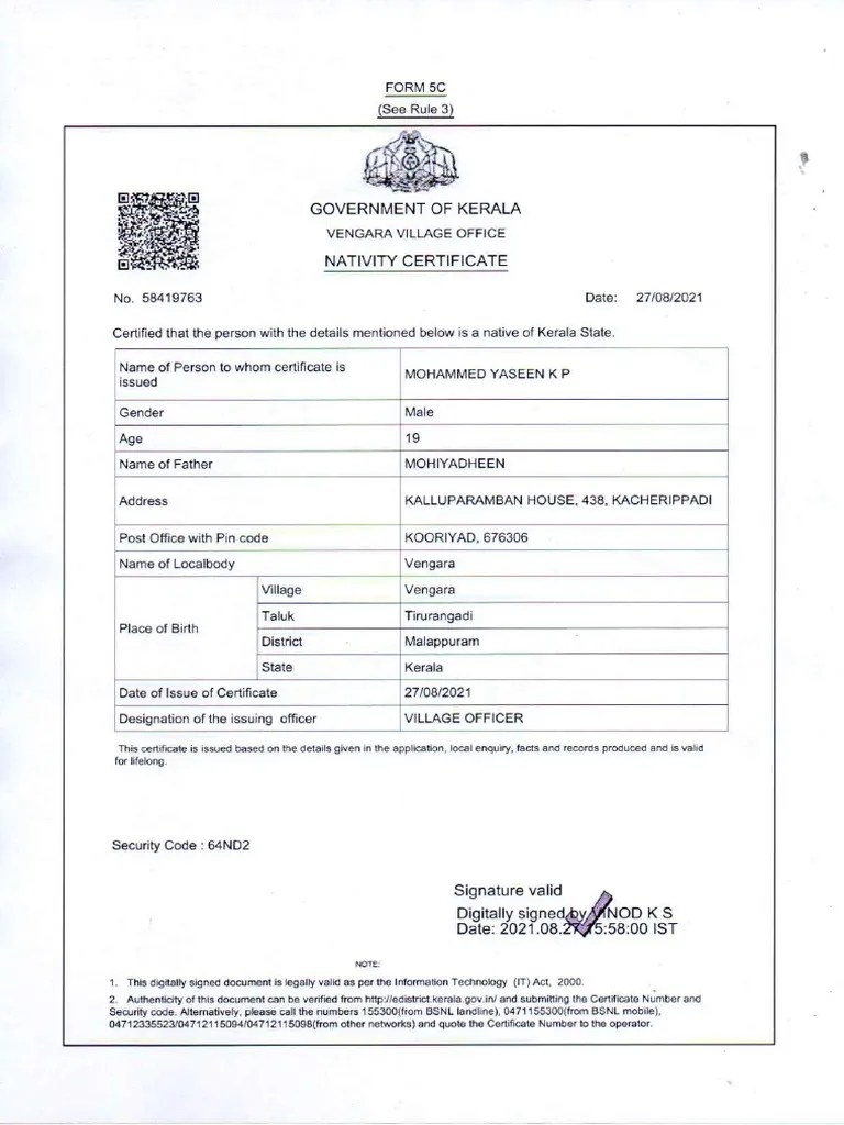 Nativity Certificate PDF