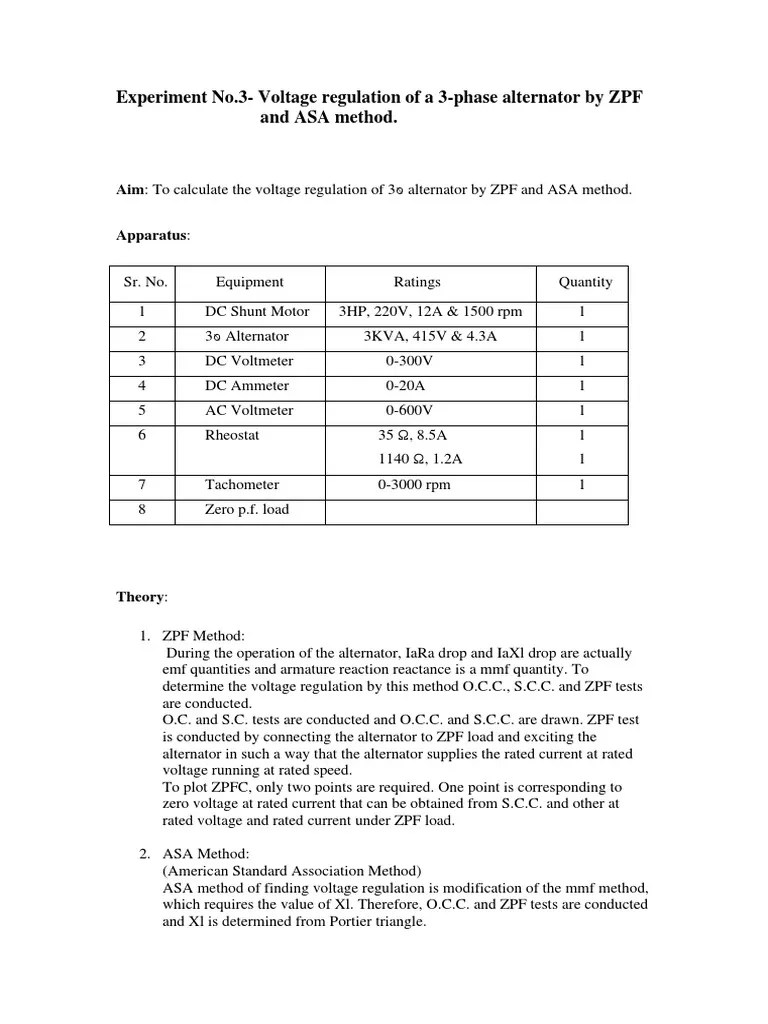 Experiment No.3Voltage Regulation of A 3Phase Alternator by ZPF and