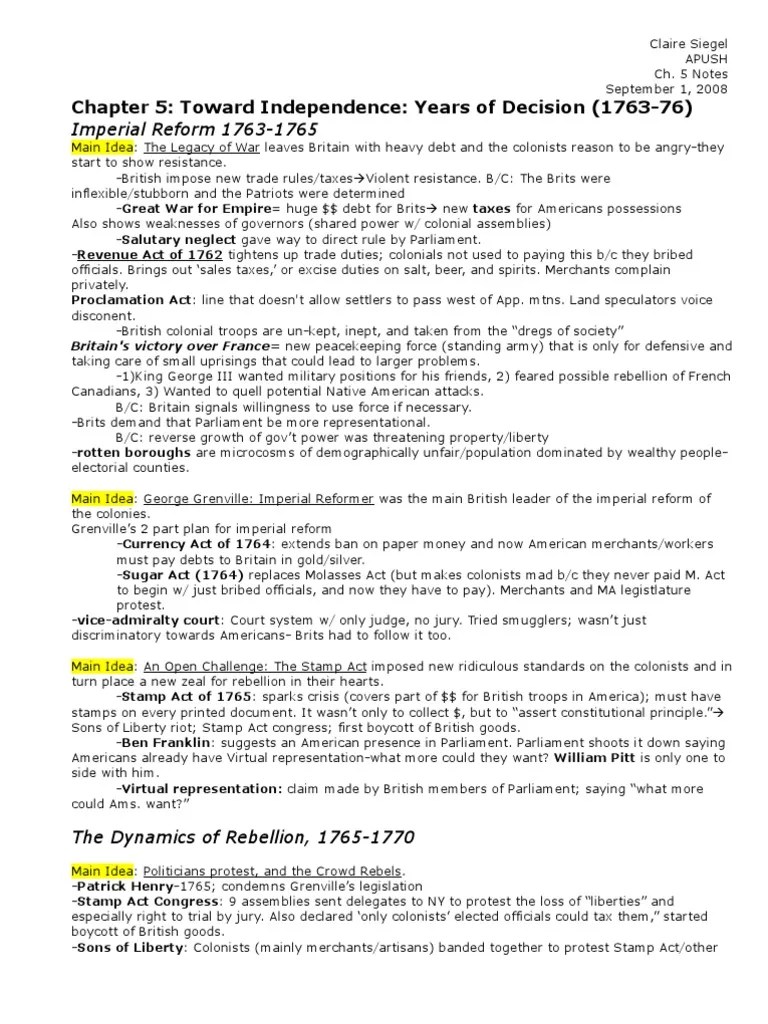 APUSH Ch 5 notes Toward Independence Years of Decision 17631776