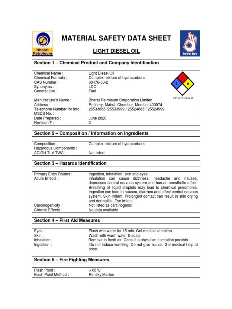 Light Diesel Oil Msds PDF Fires Water