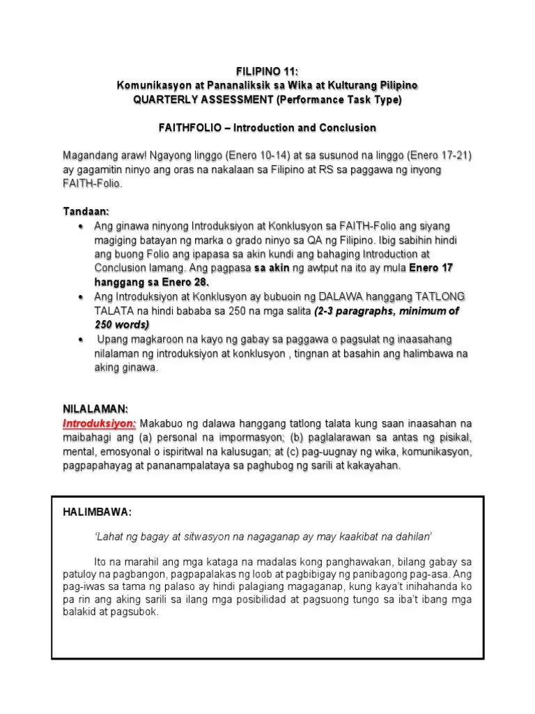 FILIPINO Sample Introduction Conclusion FAITHFOLIO PDF