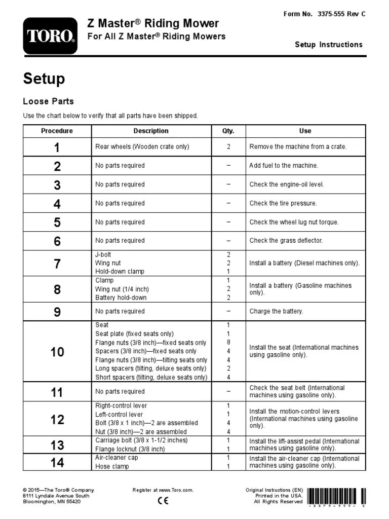 Toro Zero Turn Set Up Instructions | PDF | Valve | Screw