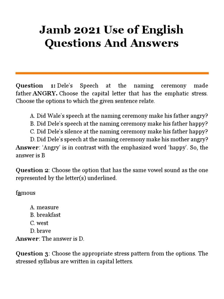 Jamb 2021 Use of English Questions and Answers PDF Stress