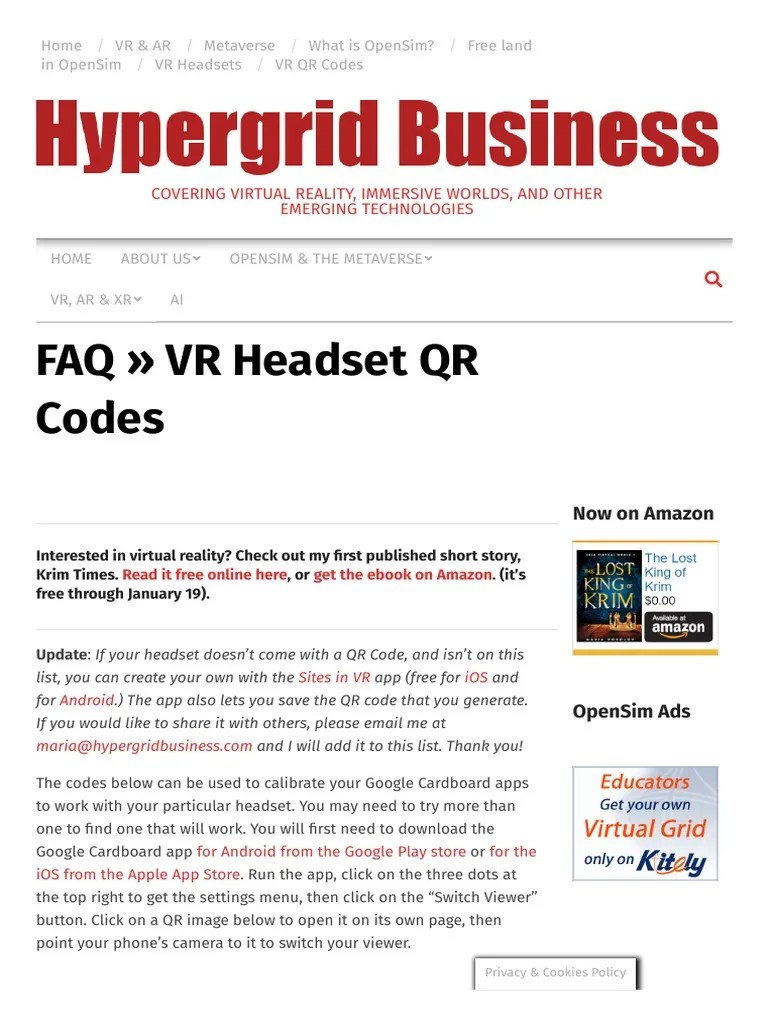 VR Headset QR Codes Hypergrid Business PDF Virtual Reality