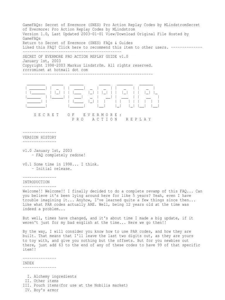 GameFAQs Secret of Evermore (SNES) Pro Action Replay Codes by