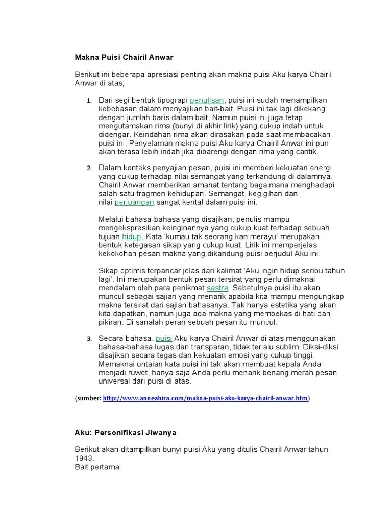 Puisi Chairil Anwar Aku Dan Maknanya