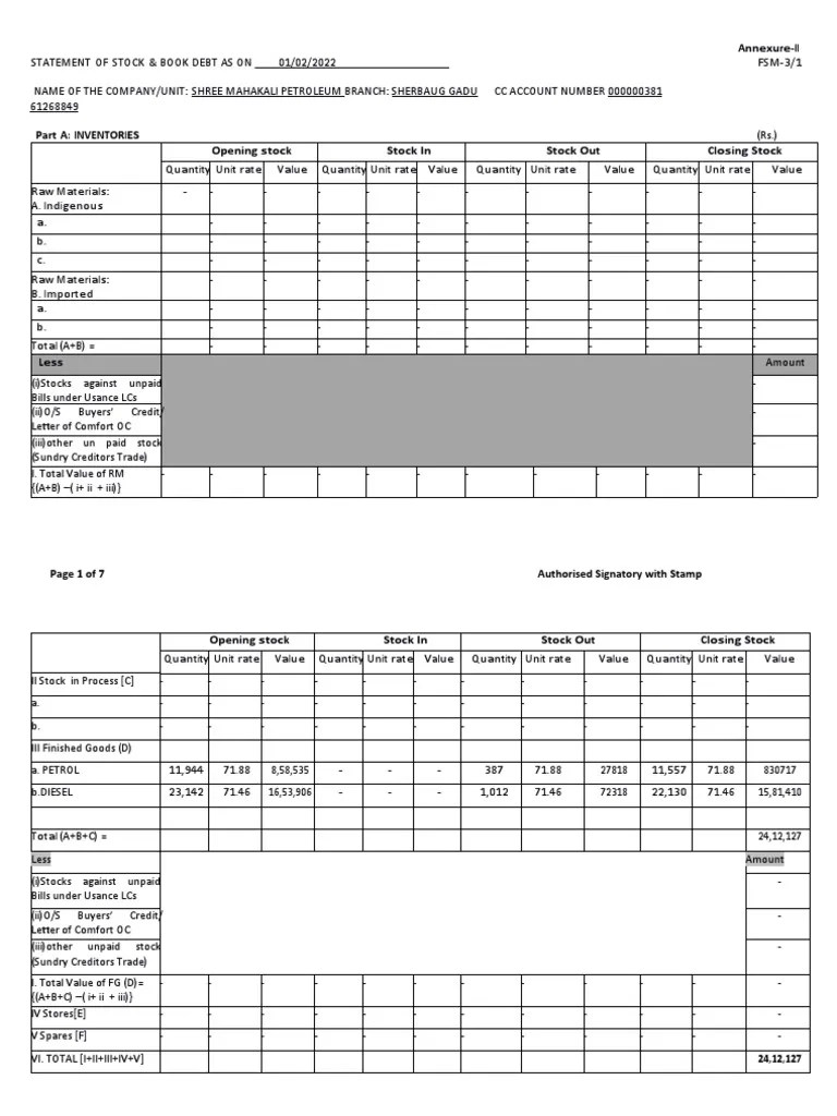 Stock Statement Format Revised PDF Corporations Financial Services