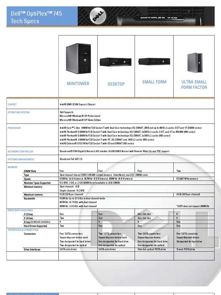 Dell OptiPlex 745 Technical Specifications Usb Computer Architecture