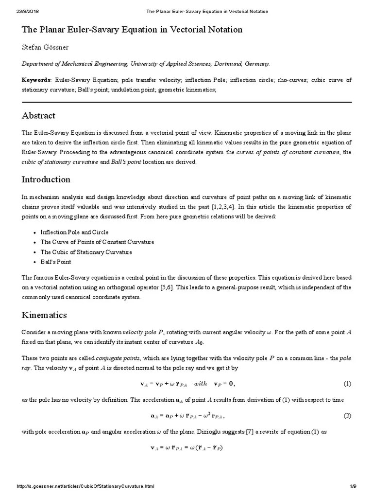 The Planar EulerSavary Equation PDF Curvature Kinematics