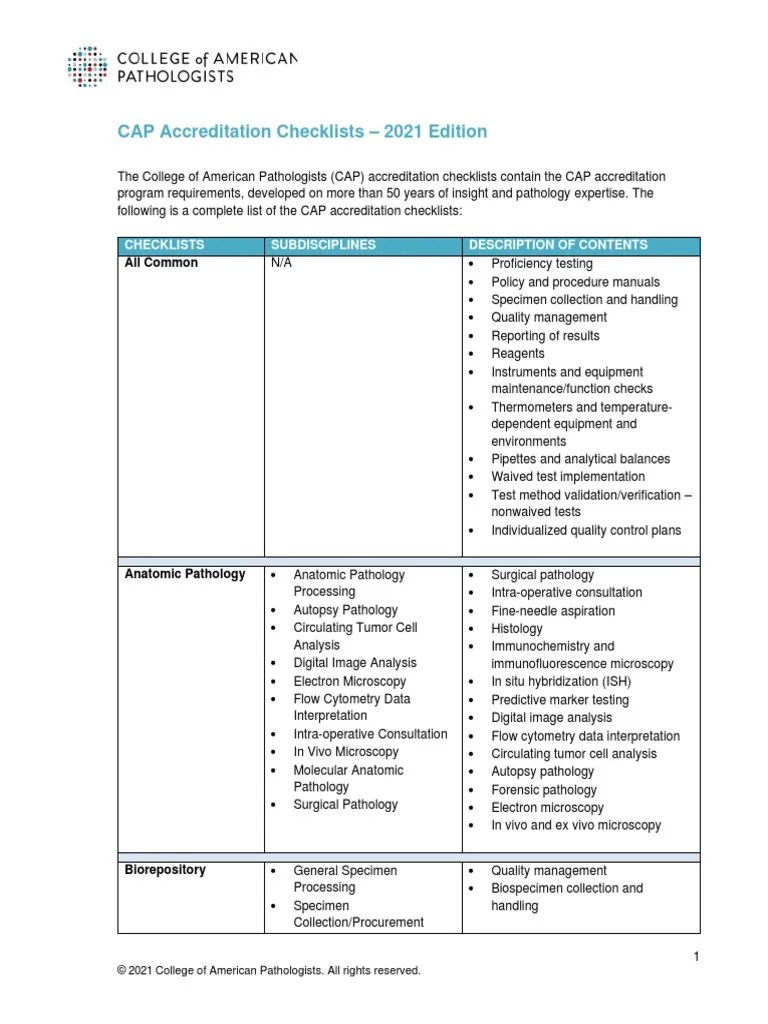 Cap Accreditation Checklists PDF Pathology Serology