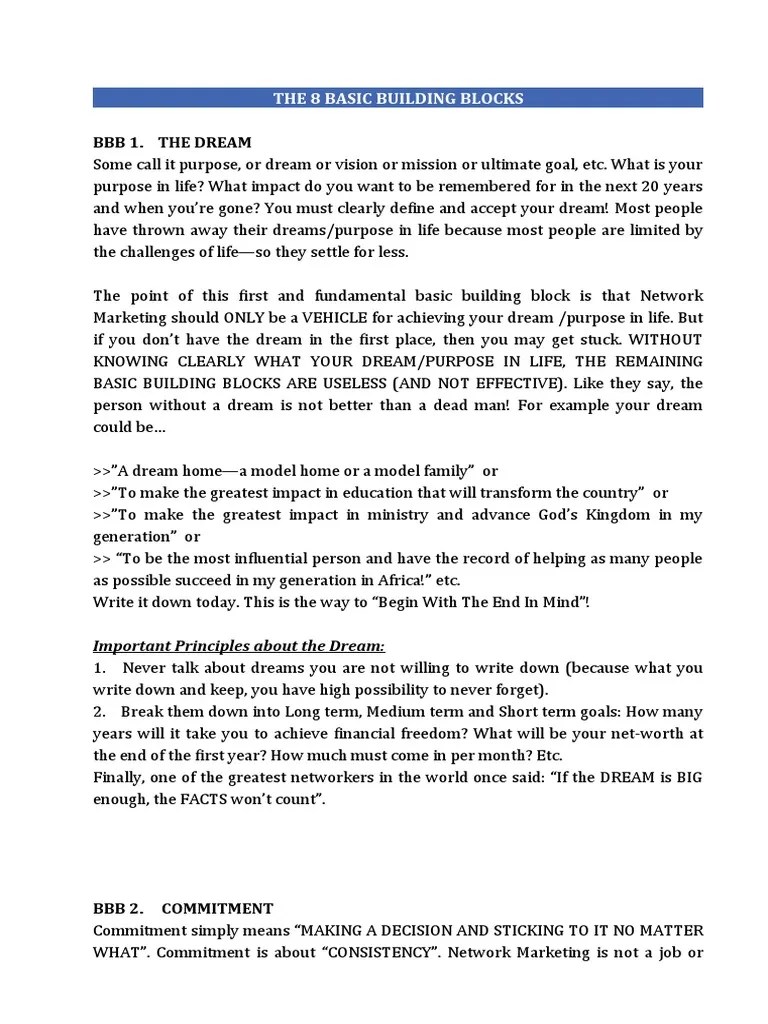 The 8 Basic Building Blocks PDF Multi Level Marketing Meaning Of Life