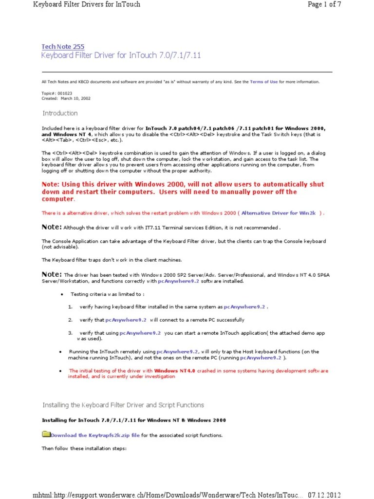 Keyboard Filter Driver For Intouch 7.0/7.1/7.11 Tech Note 255 PDF