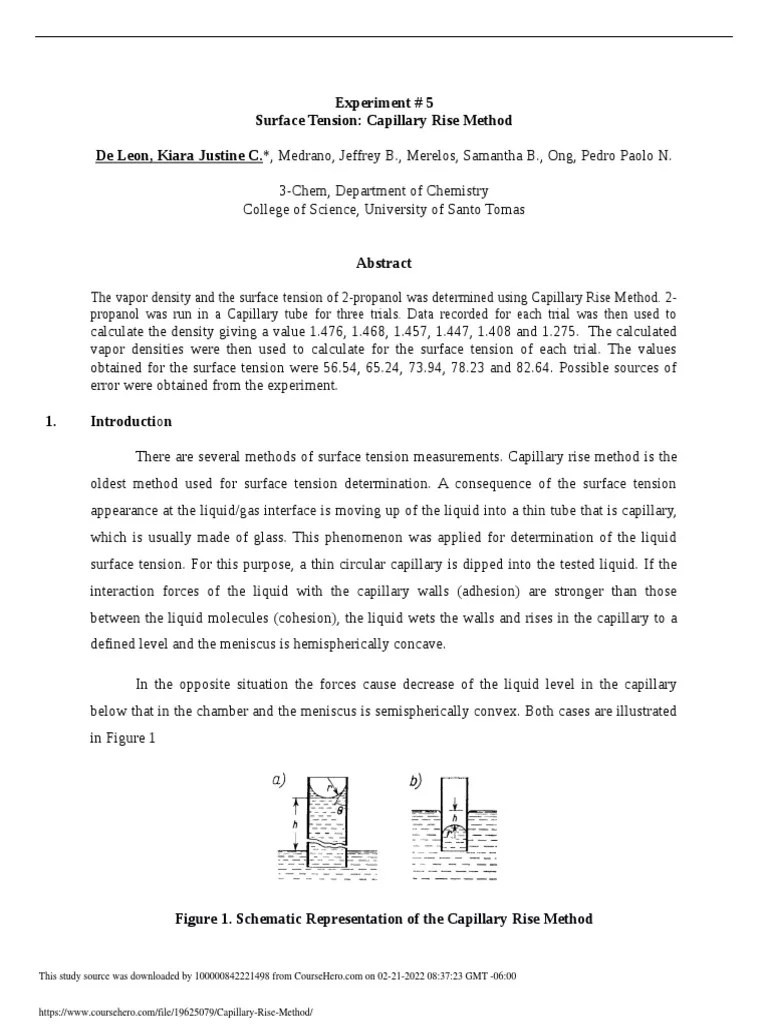 Experiment 5 Surface Tension Capillary Rise Method de Leon, Kiara