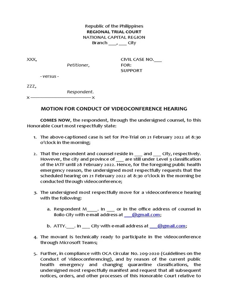 Motion For Conduct of Videoconference Hearing Regional Trial Court