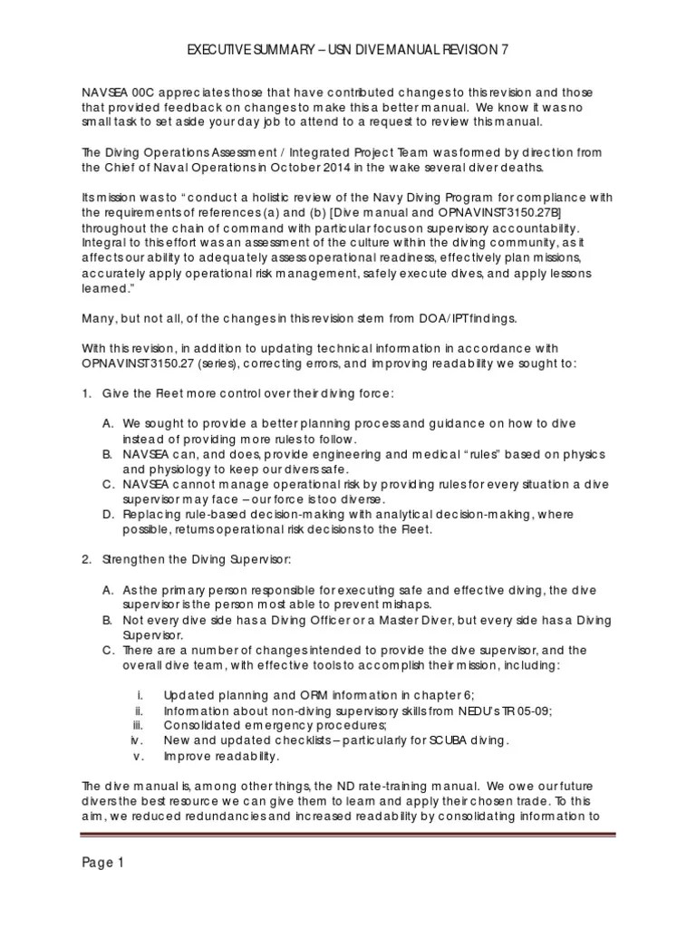 Executive Summary Usn Dive Manual Revision 7 PDF Scuba Diving Underwater Diving
