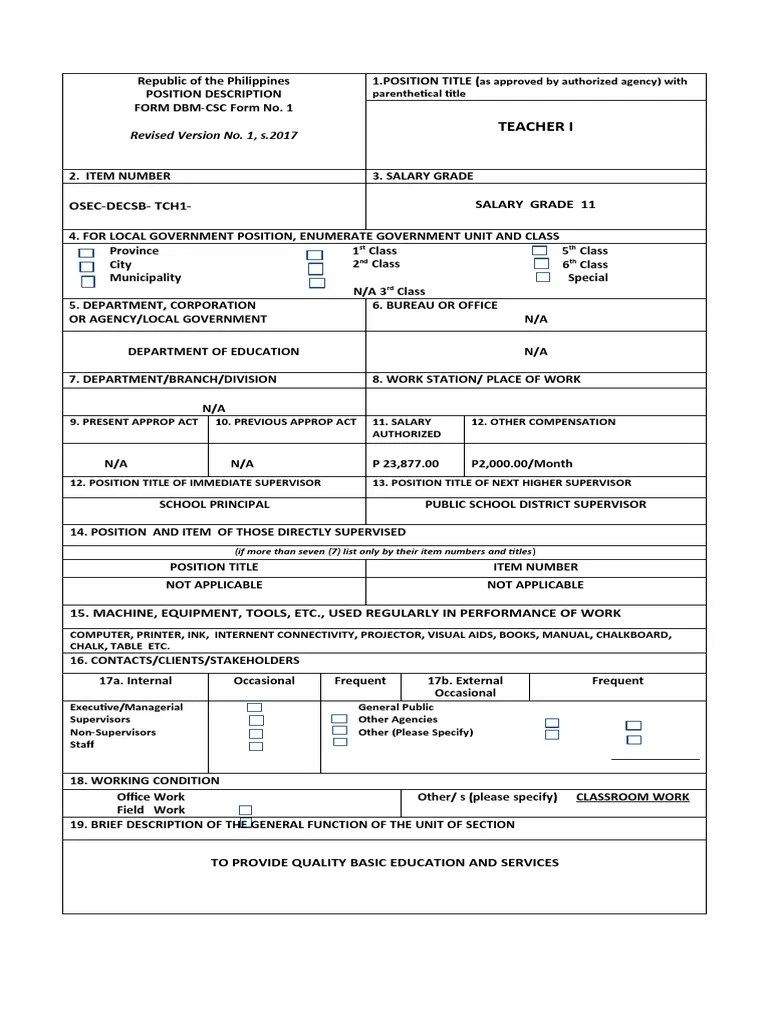 2021 Elementary Cs Form 1 Revised 2017 PDF Position Description Form