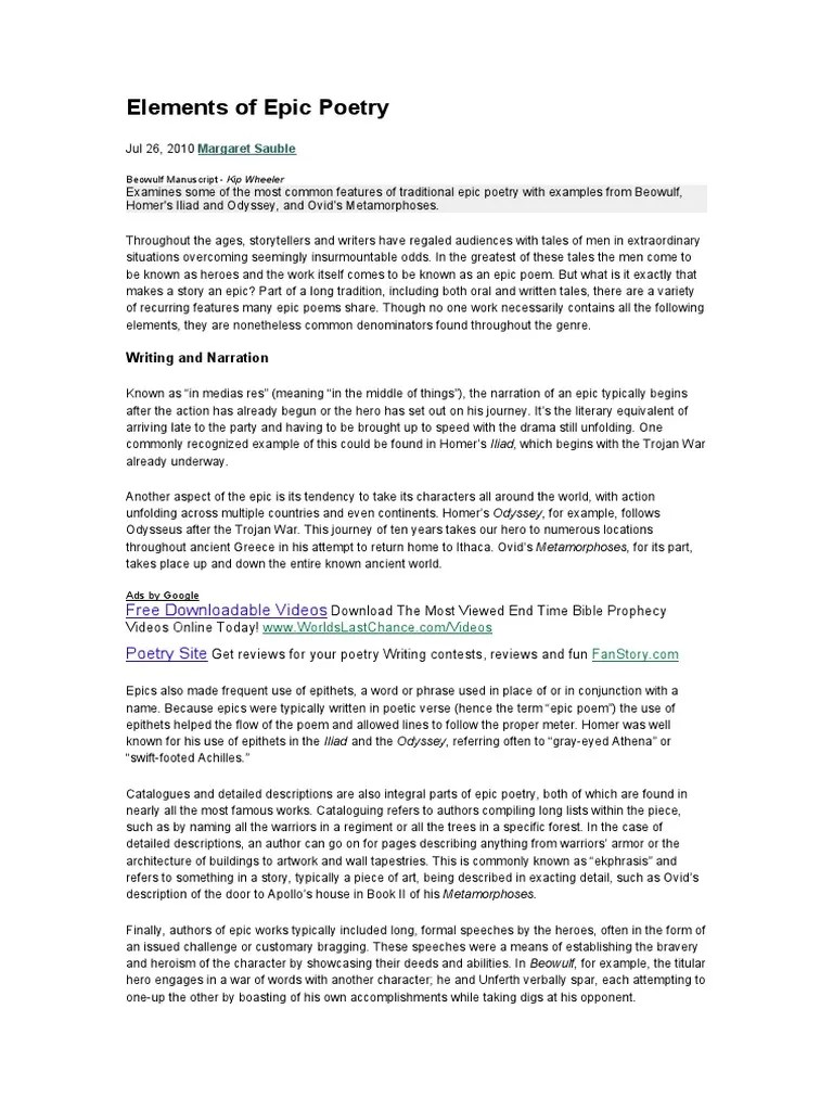 Elements of Epic Poetry Writing and Narration PDF Epic Poetry Poetry
