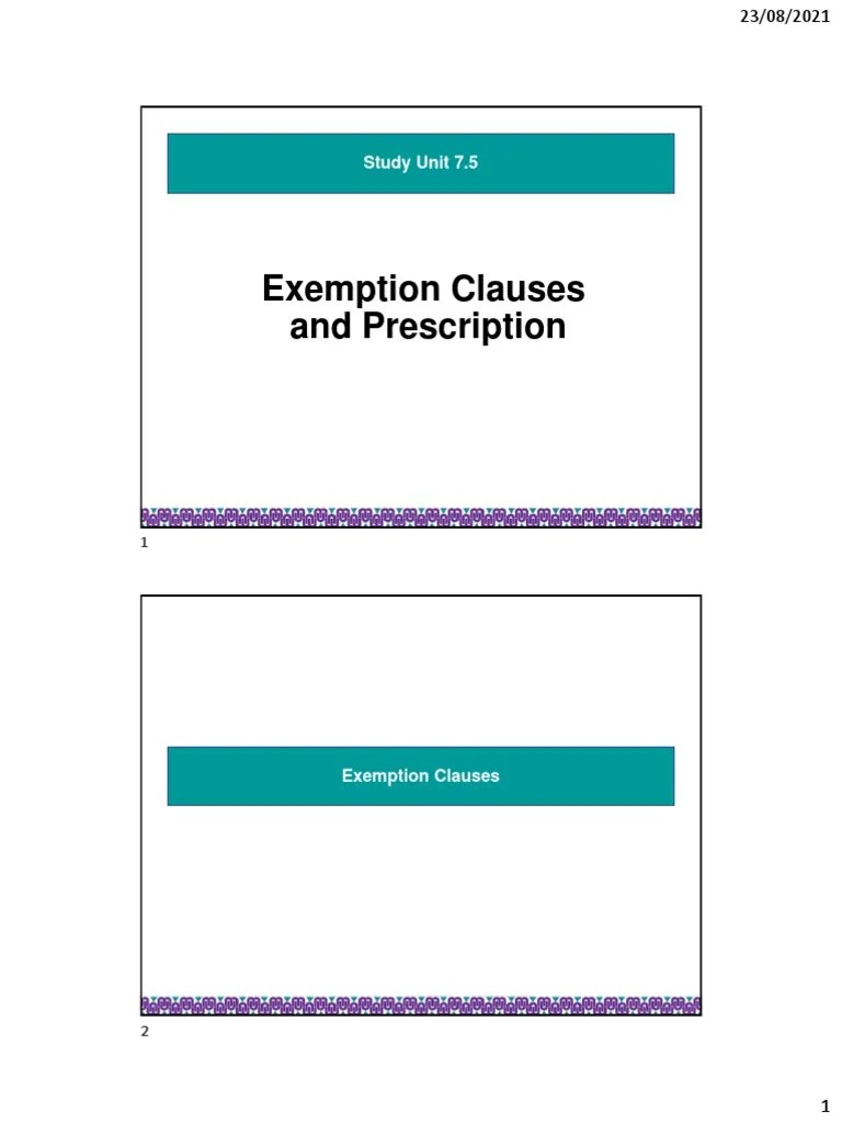 Exemption Clauses and Prescription Study Unit 7.5 PDF Legal